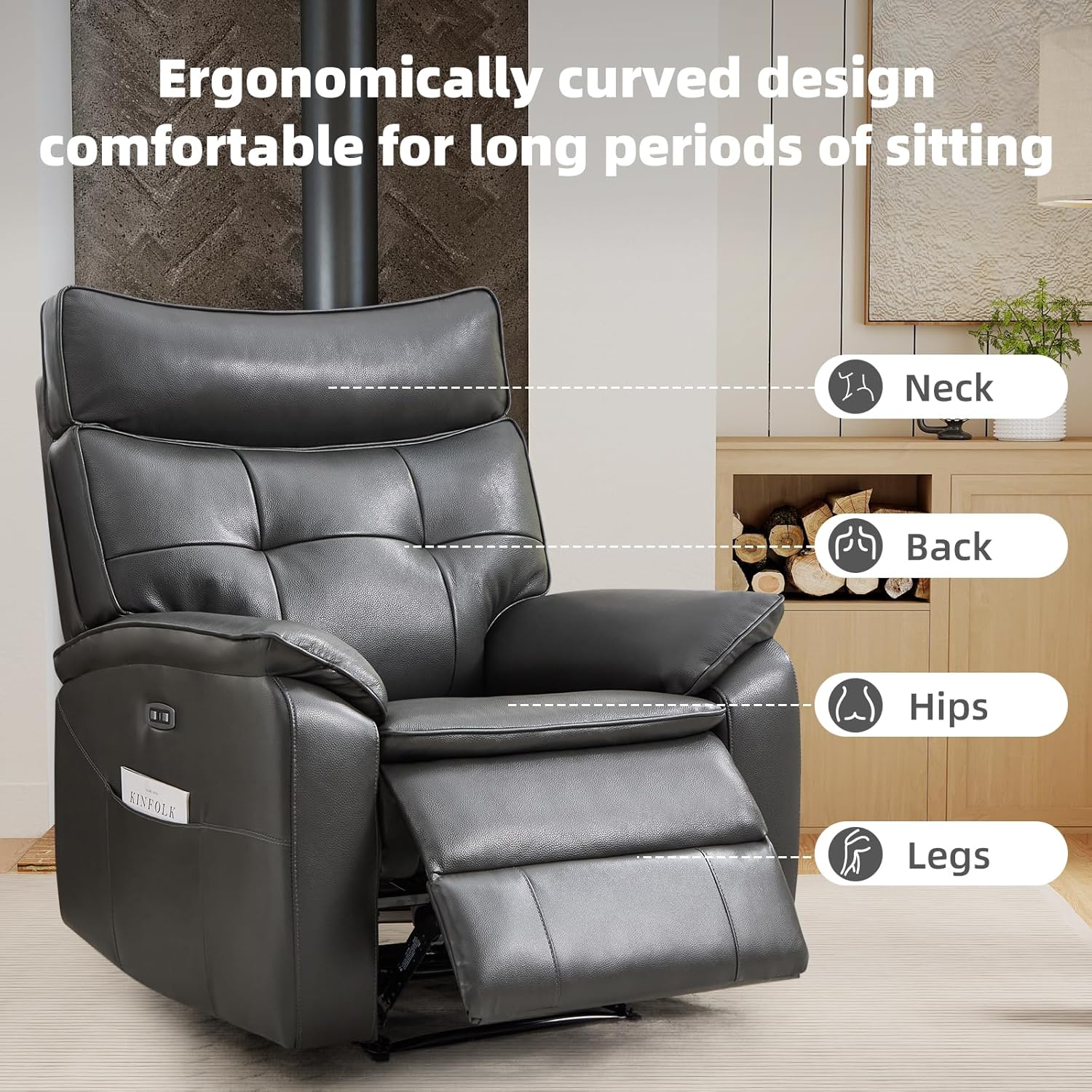 CANMOV Genuine Leather Recliner Chair,Power Recliner Chair for Adults,Electric Single Reclining Sofa with Overstuffed Armrest and Backrest for Living Room,Dark Grey