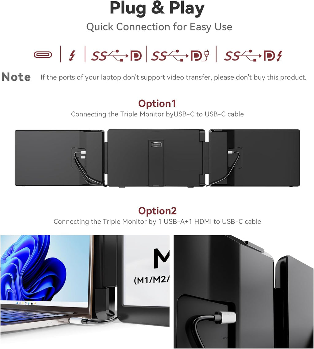 15.6" Laptop Screen Extender  1080P FHD IPS Portable Monitor  Plug and Play  Triple Portable Laptop Monitor for 13-17" Laptops with USB-C/HDMI  for Wins/MacOS(M1//M2/M3Pro/Max).