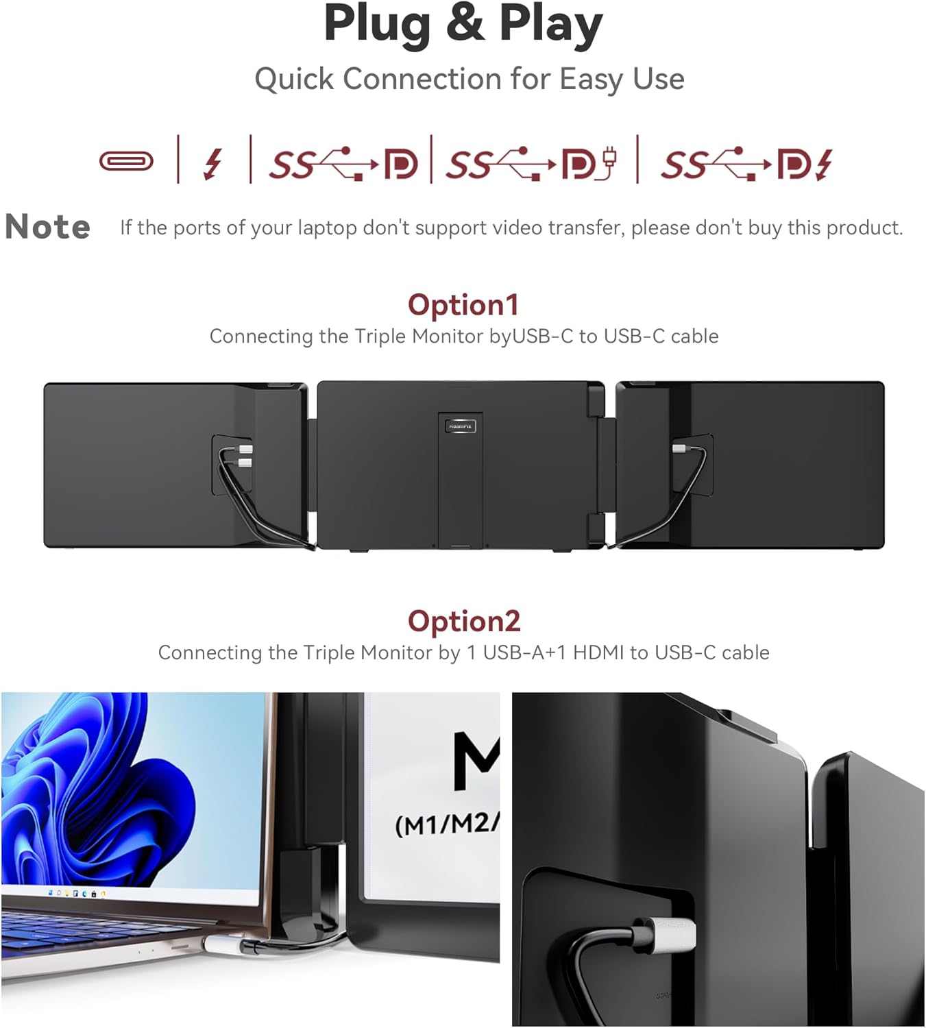 15.6" Laptop Screen Extender  1080P FHD IPS Portable Monitor  Plug and Play  Triple Portable Laptop Monitor for 13-17" Laptops with USB-C/HDMI  for Wins/MacOS(M1//M2/M3Pro/Max).