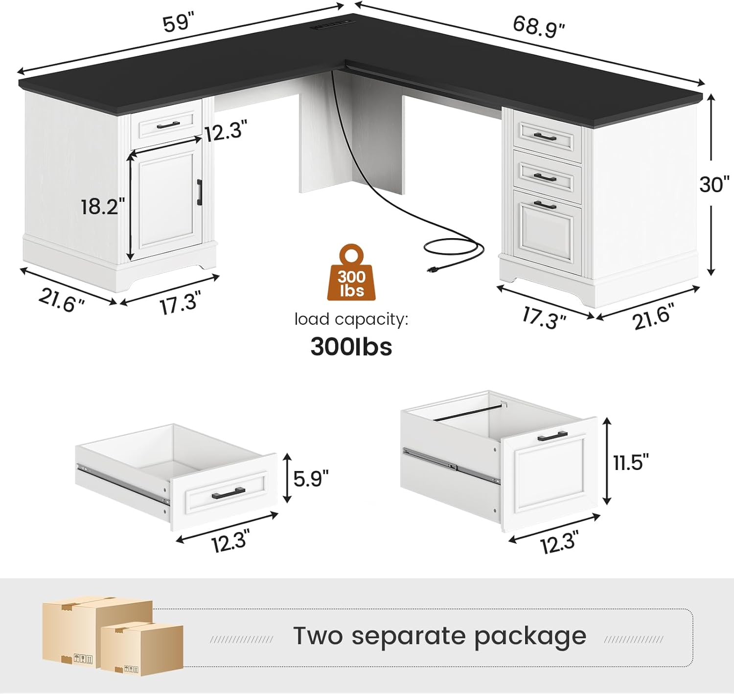 SEDETA Farmhouse 69" Executive L Shaped Desk, Home Office Desk with Drawers and Storage Cabinet & Power Outlet, Corner Computer Desk, White