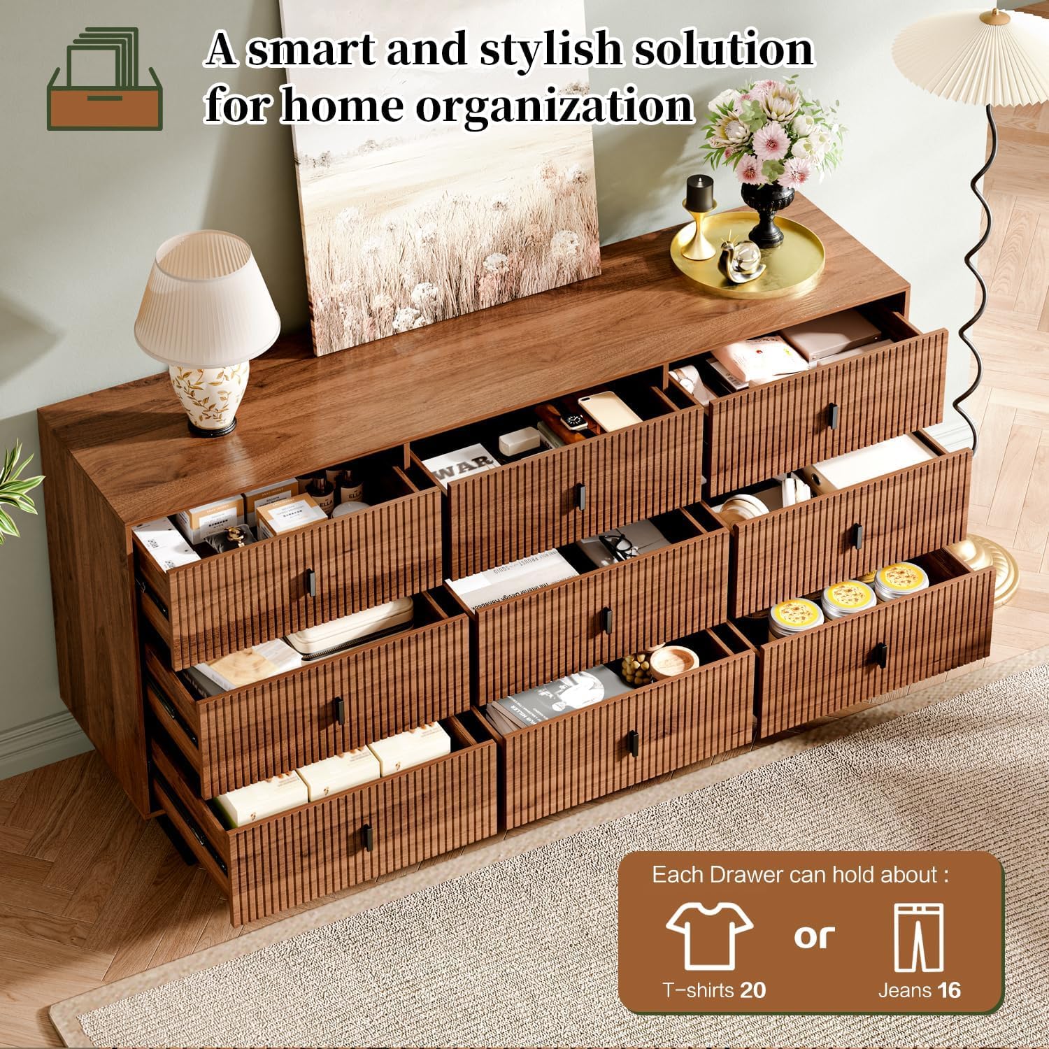 Modern Chest of Drawers with 9 Drawers,Deep Drawers,Clothes Organizer,Large Storage Cabinet for Living Room, Bedroom,Hallway,with Anti-Tipping Device, Walnut.