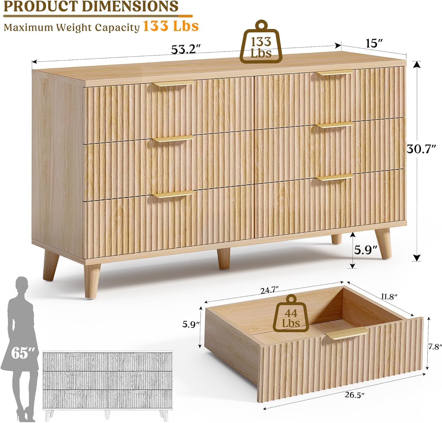 Lulive Dresser for Bedroom Wood Dressers Chest of Drawers, Fluted 53.2" Wide Modern Long Dresser TV Stand 6 Drawers for Bedroom, Closet, Living Room, Hallway (Natural)