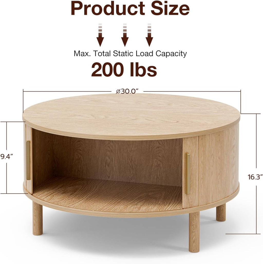ZttRiee Coffee Table for Living Room, Modern Round Coffee Table with Cabinets & Sliding Doors, Home Small Space, 29.9" Fluted Center Table, Natual