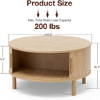 ZttRiee Coffee Table for Living Room, Modern Round Coffee Table with Cabinets & Sliding Doors, Home Small Space, 29.9" Fluted Center Table, Natual