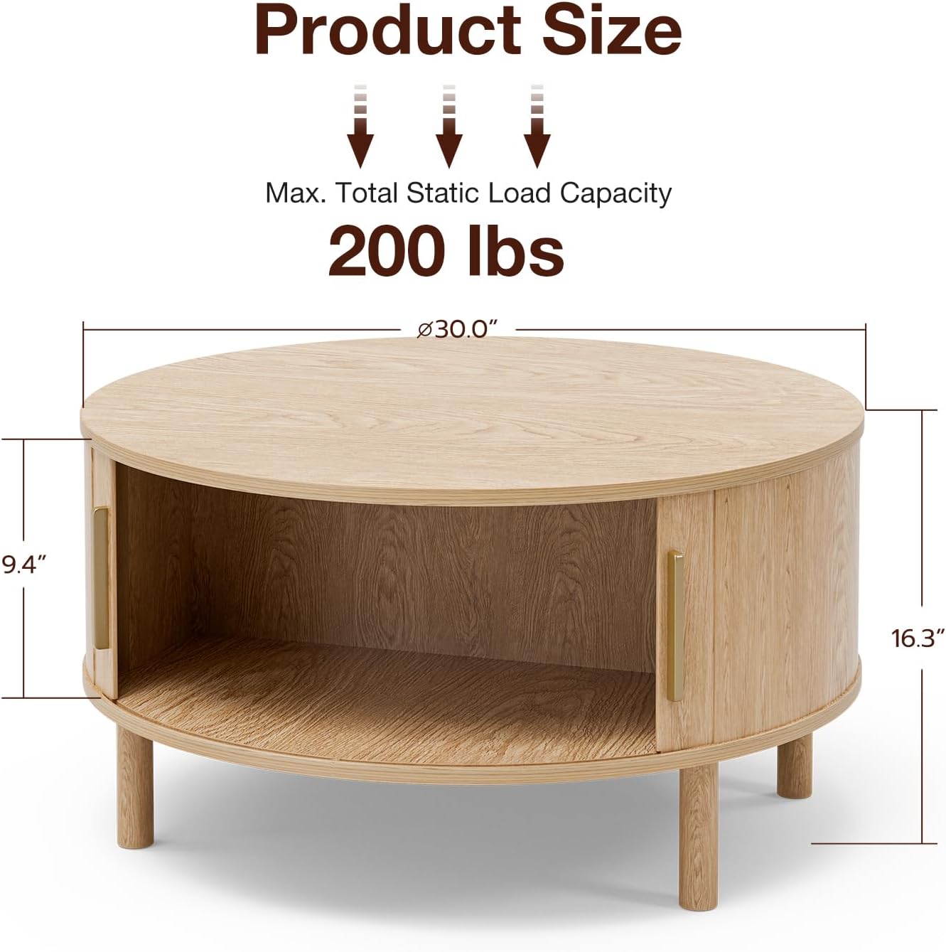 ZttRiee Coffee Table for Living Room, Modern Round Coffee Table with Cabinets & Sliding Doors, Home Small Space, 29.9" Fluted Center Table, Natual