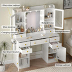Vanity Desk with Mirror and Lights, 43" White Makeup Vanity Set with 5 Drawers & Glass Cabinets, Makeup Tray, Power Outlet & Adjustable LED Lights, Dressing Table for Women & Girls Bedroom