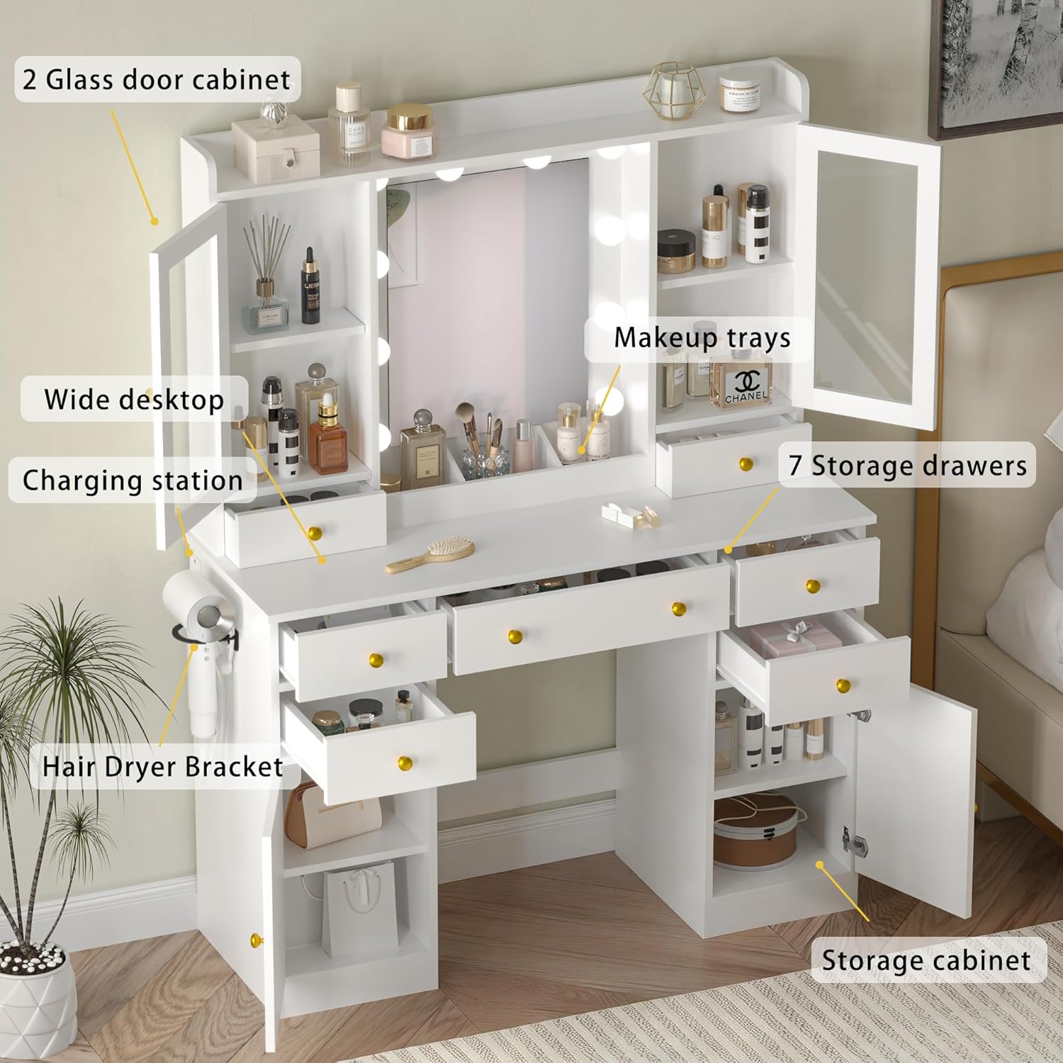 Vanity Desk with Mirror and Lights, 43" White Makeup Vanity Set with 5 Drawers & Glass Cabinets, Makeup Tray, Power Outlet & Adjustable LED Lights, Dressing Table for Women & Girls Bedroom