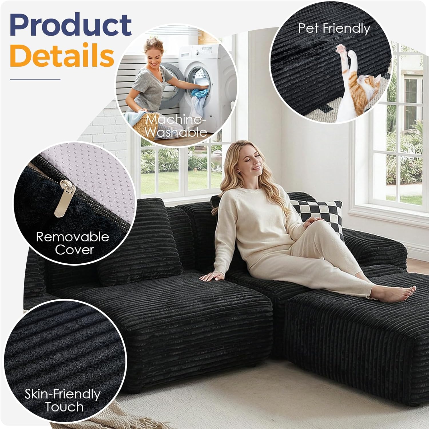 VK·LIVING 113" Cloud Sectional Couch 16.5'' Seat Height Sofa (Black)
