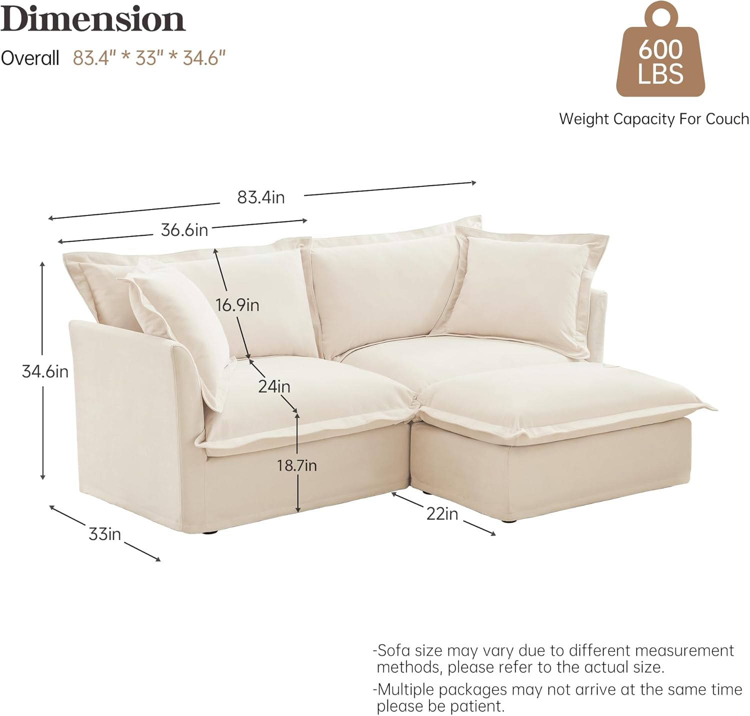83.4" Modular Sectional Sofa Slipcovered, Oversized L-Shaped Cloud Couch with Removable Covers, 2-Seater Sofa Couch with 1 Movable Ottoman, Spacious Living Room Furniture (Cream,Chenille)
