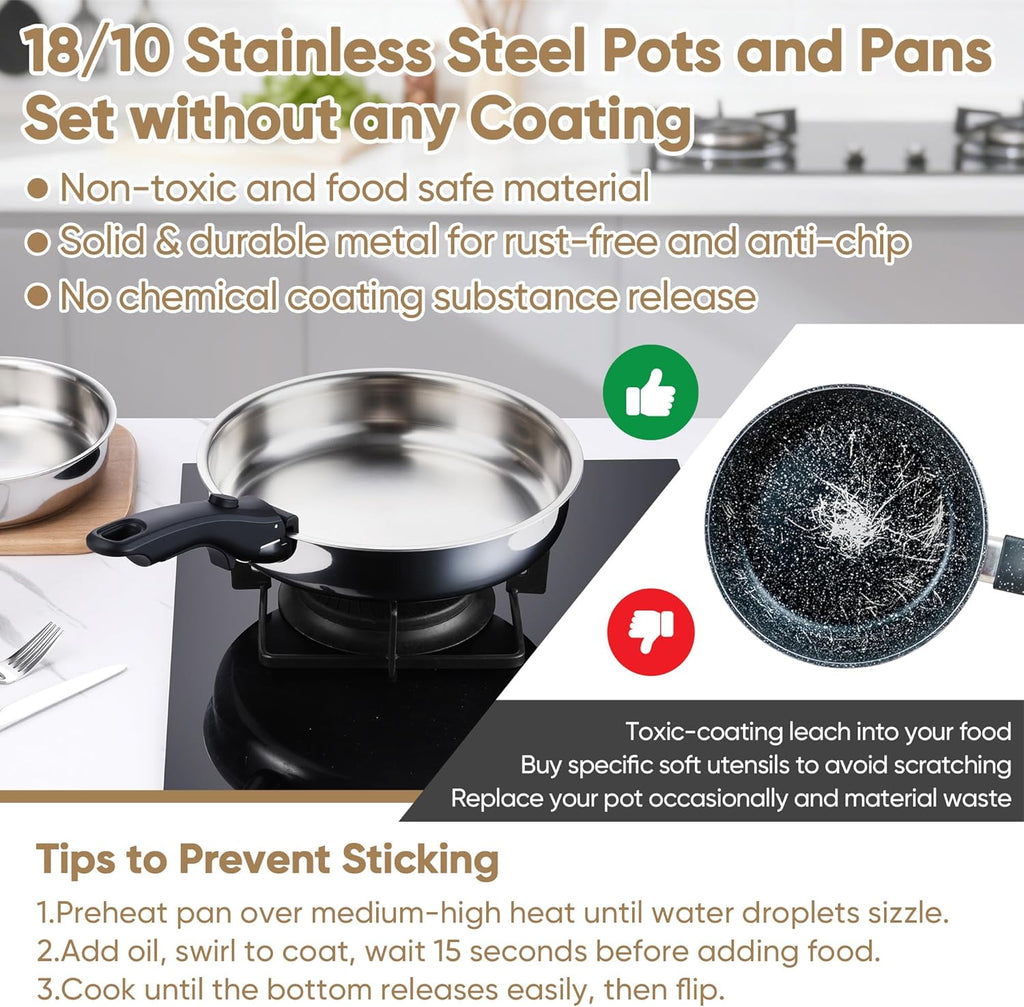 E-far 9pcs Stainless Steel Cookware Set, 3-Ply Pots and Pans Set w/Detachable Handle & Lid, Induction Cookware Kitchen Cooking Set for RV Camping, Nontoxic Whole Clad Frying/Saute/Sauce Pan, Oven Safe