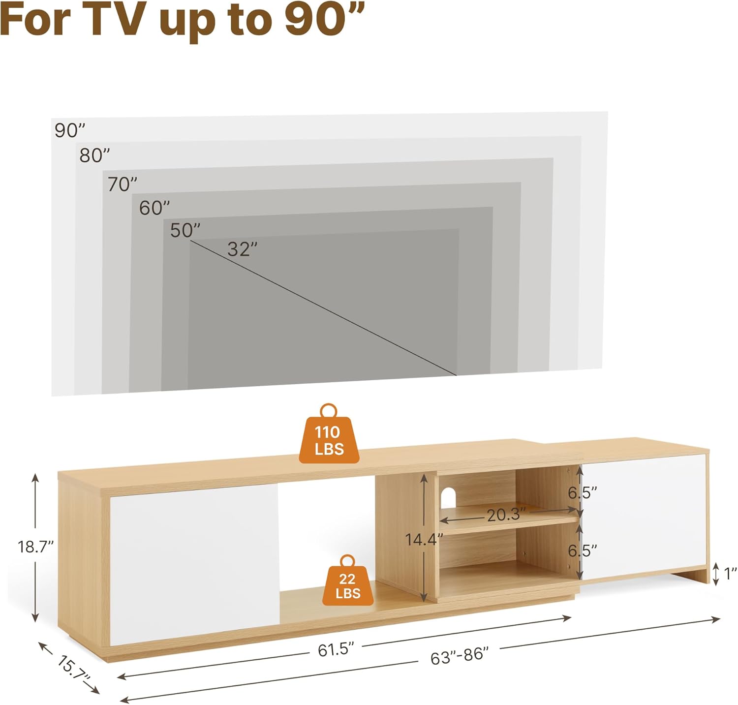Extendable TV Stand for TVs up to 90",Modern Entertainment Center with Adjustable Shelf,Television Stand with 2 Storage Cabinets,Wooden TV Media Console for Living Room Bedroom Natural Oak