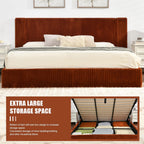 YUHUASHI King Size Storage Bed Frame, Vertical Striped headboard with Delicate Velvet Fabric, Hydraulic Lift for Storage, no Box Spring Needed, no Noise (OCHER, King (U.S. Standard))