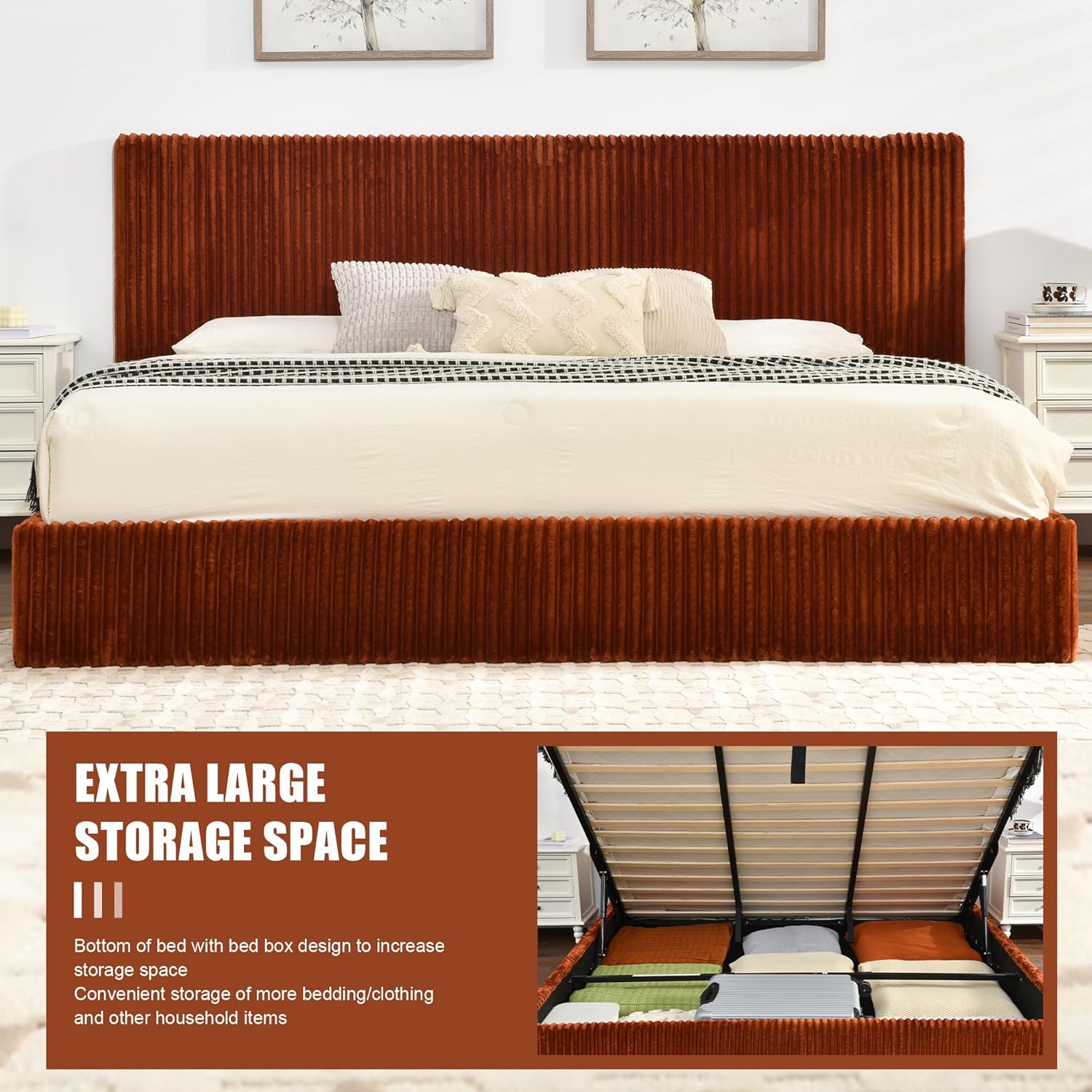 YUHUASHI King Size Storage Bed Frame, Vertical Striped headboard with Delicate Velvet Fabric, Hydraulic Lift for Storage, no Box Spring Needed, no Noise (OCHER, King (U.S. Standard))