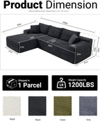 108 Inch Cloud Sectional Couch,Modern Modular Sectional Sofa with Deep Seat,Corduroy Boneless Couches with L-Shape Chaise for Living Room,No Assembly Required (Black, Left Facing Chaise)
