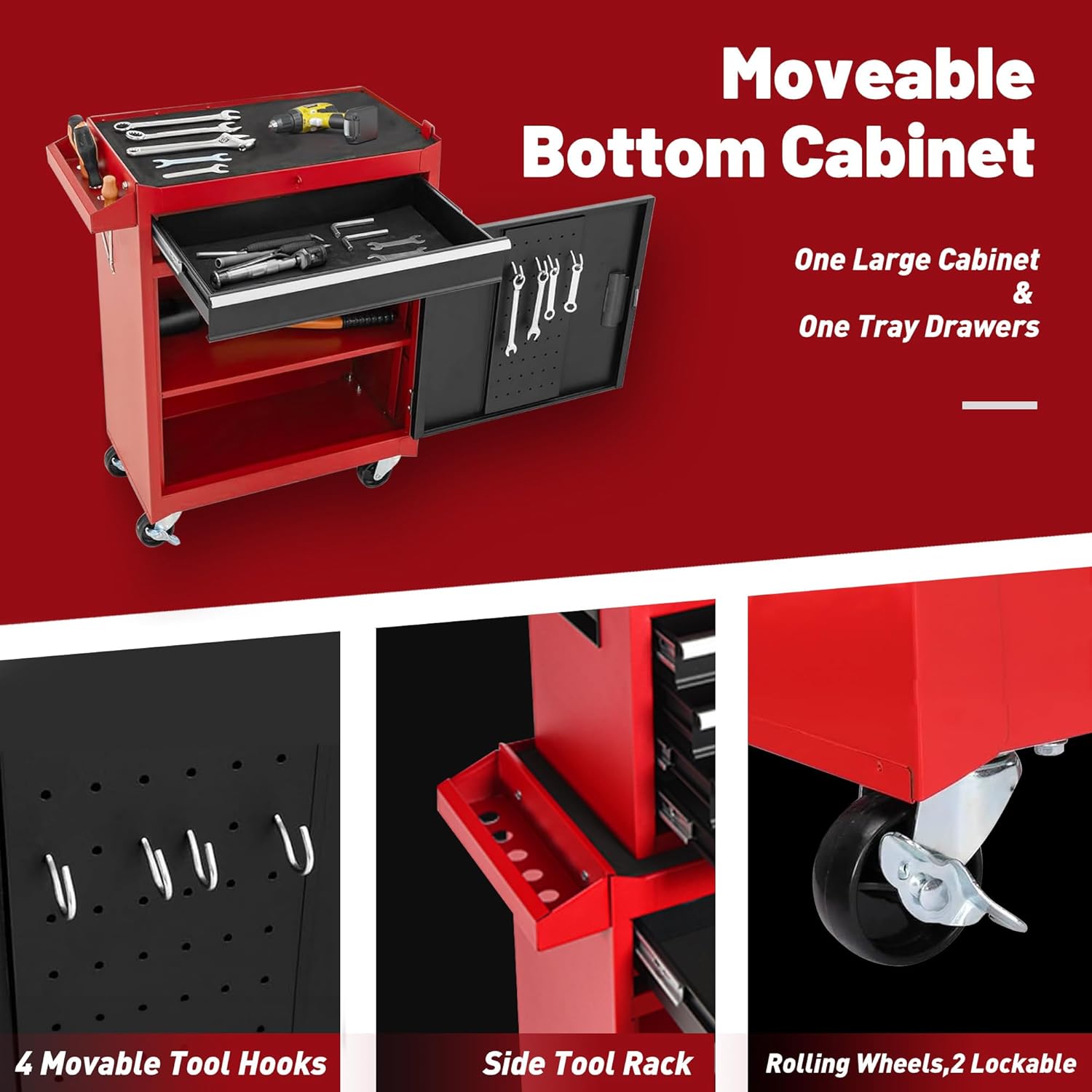 5-Drawer Rolling Tool Chest & Cabinet With Detachable Top Box - Heavy-Duty Metal Tool Cart With 4 Hooks, Lockable Drawers & 4 Wheels For Garage, Workshop, And Automotive Organization, (Red)