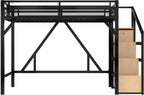 Bellemave Queen Loft Bed with Stairs and Built-in Wardrobe, Metal Loft Bed Frame with Storage Shelves, Heavy Duty Loft Beds with USB Ports and LED Lights for Adults, Boys, Girls, Teens, Natural Wood