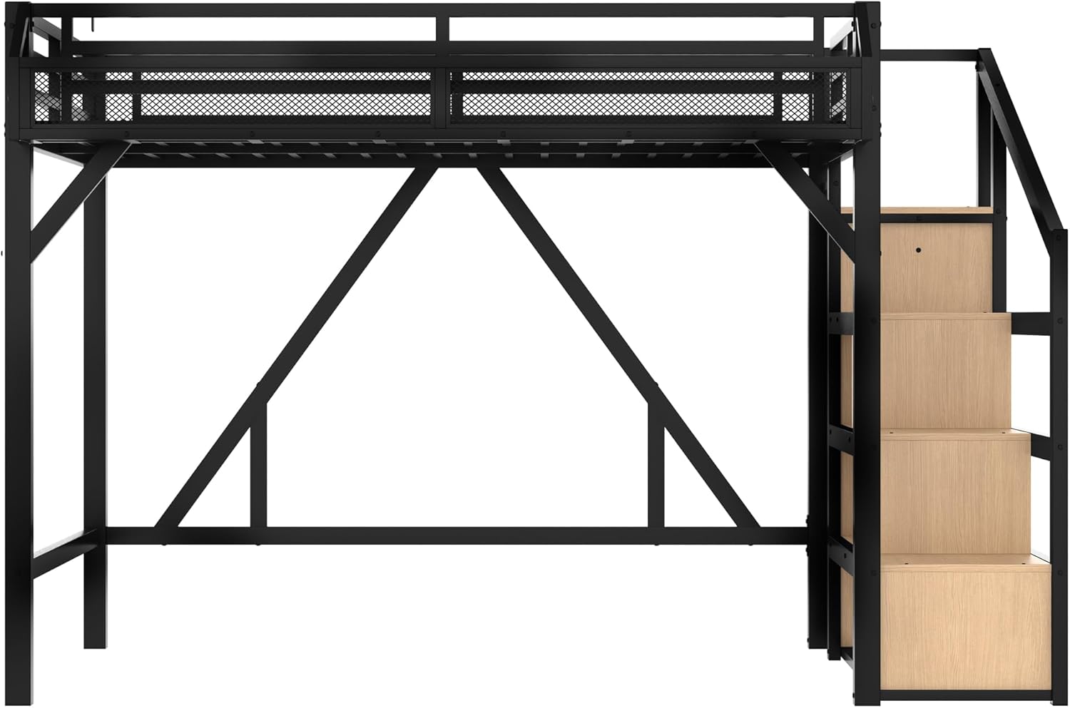 Bellemave Queen Loft Bed with Stairs and Built-in Wardrobe, Metal Loft Bed Frame with Storage Shelves, Heavy Duty Loft Beds with USB Ports and LED Lights for Adults, Boys, Girls, Teens, Natural Wood