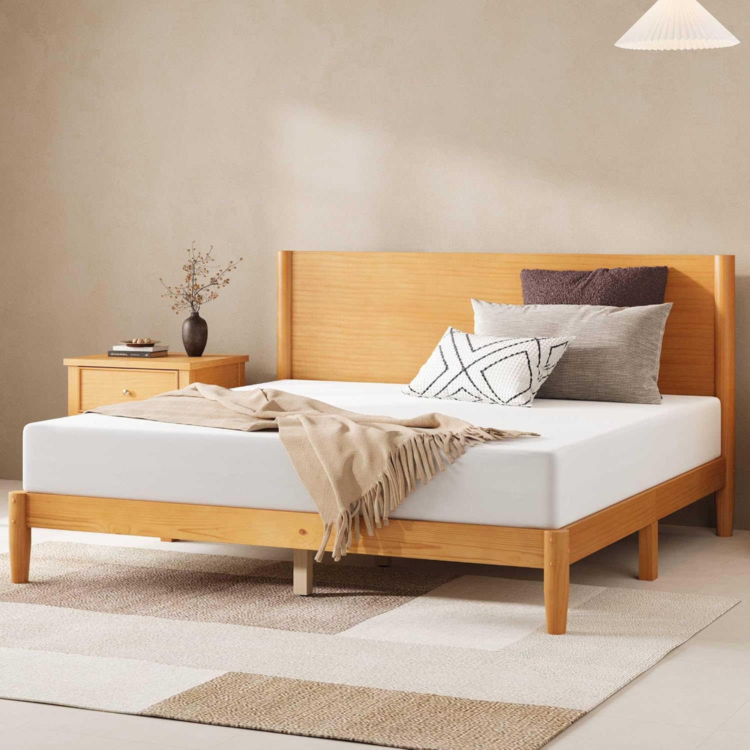 AMERLIFE Solid Wood Queen Bed Frame, Mid Century Modern Platform Bed with Full Panel Headboard, Wooden Bed with Cylindrical Legs, No Box Spring Needed & Noise-Free, Natural Wood
