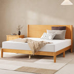 AMERLIFE Solid Wood Queen Bed Frame, Mid Century Modern Platform Bed with Full Panel Headboard, Wooden Bed with Cylindrical Legs, No Box Spring Needed & Noise-Free, Natural Wood