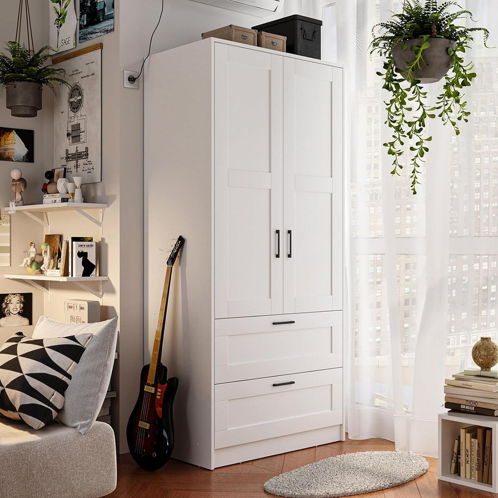 Wood White Wardrobe Closet with 2 Doors and 2 Drawers .Bedroom Freestanding Armoire Storage Cabinet with Shelves .Wooden Wardrobe Combination for Hanging Clothes (White 2 Drawers)