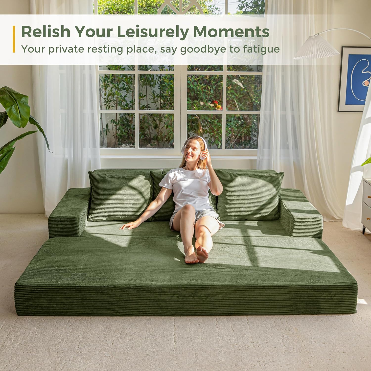 MAXYOYO Convertible Sofa Bed, 80" Oversized Boneless Loveseat Couch 4 in 1 Foldable Floor Sofa Couch in A Box with 2 Cup Holders, Folding Sleeper Chair for Living Room, No Assembly Required, Green