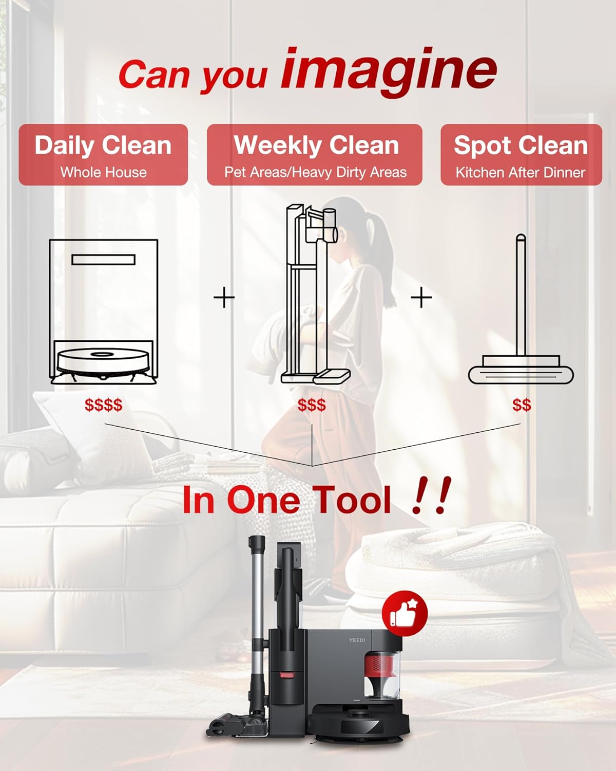 Yeedi C12 Combo Cordless Stick Vacuum & Robot & Mopping, All-in-one Cleaning Combot, with Dual Auto Self-Emptying, 10000Pa Suction & Lightweight, ZeroTangle Brush for Hard Floor, Carpet & Pet Hair
