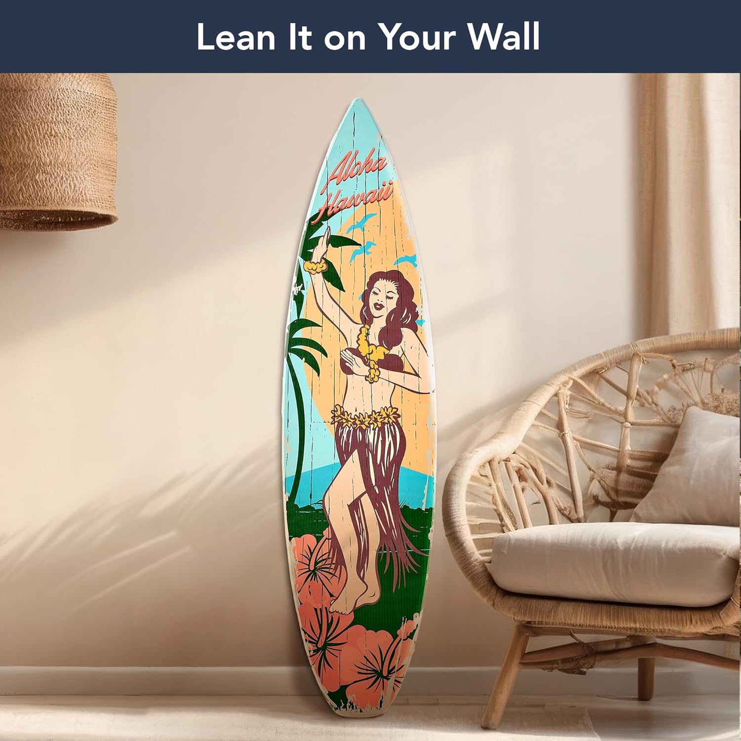 Beach Decor Surfboard Wall Art - Aloha Hawaii Plaque - Tropical Coastal Beach House Wall Decor for Living Room Bedroom Bathroom Patio Tiki Bar Hawaiian Island Ocean Wood Sign Large 60x15