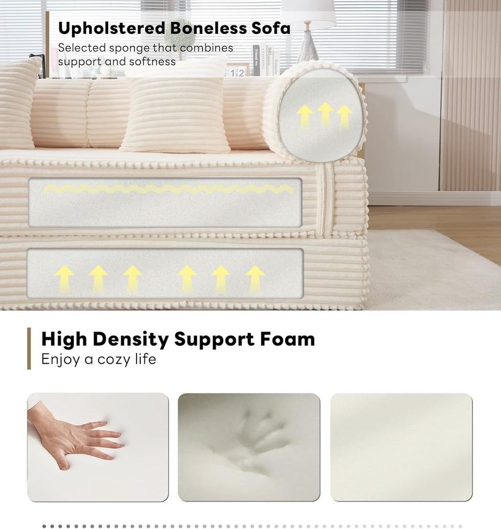 Tbfit 79'' Convertible Sofa Bed, Oversized Corduroy Folding Boneless Couch, Futon Mattress Sleeper Sofa, Comfy Foldable Upholstered Floor Couches for Living Room, Beige