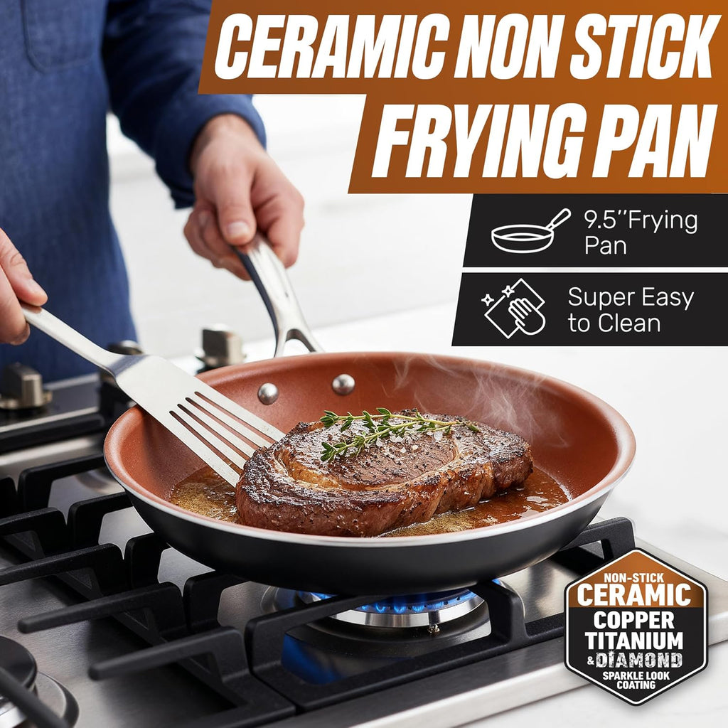 Gotham Steel 12 Pc Ceramic Cookware Set Nonstick, Ceramic Pots and Pans Set Non Stick with Steamer for Cooking, Non Toxic PFOA PFOS Free, Ergonomic Stay Cool Handles, Oven & Dishwasher Safe, Copper