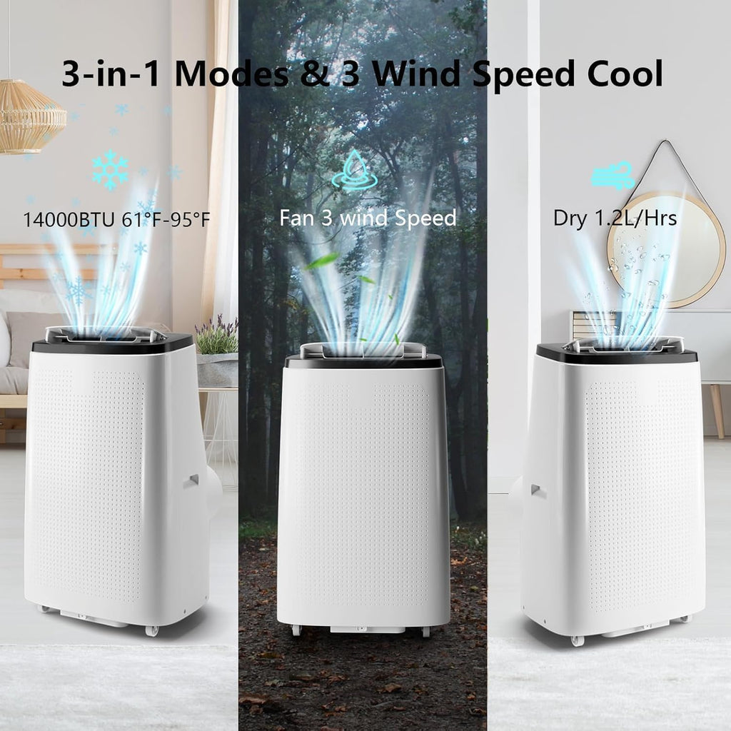 Towallmark 14,000 BTU 3-in-1 Portable Air Conditioner, Cooling, Dehumidifier & Fan, Ultra Quiet 48dB, Sleep Mode, Easy Install (16"-47" Windows), Quick Cooling for 600-750 Sq.Ft. Home, Office, APT