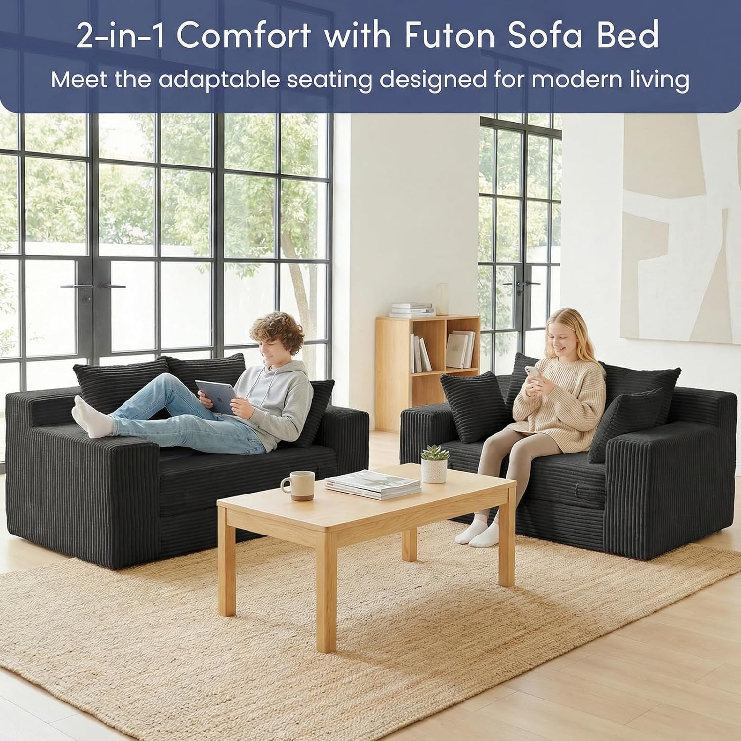 Boneless Couch Loveseat Sleeper, Convertible Sofa Bed Folding Couch Bed Foldable, 2 in 1 Boneless Chair Bed & Futon Sofa Bed, Small Pull Out Sofa with 4 Pillows for Living Room, Black | No Assembly, Convertible, 2 in 1, Pull Out Handle, 4 Pillows
