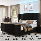 Queen Upholstered Bed Frame with Headboard and Footboard, Boucle and Velvet Bed Frame with LED Lights, Modern Platform Bed Frame, Noiseless, Easy Assembly, Black
