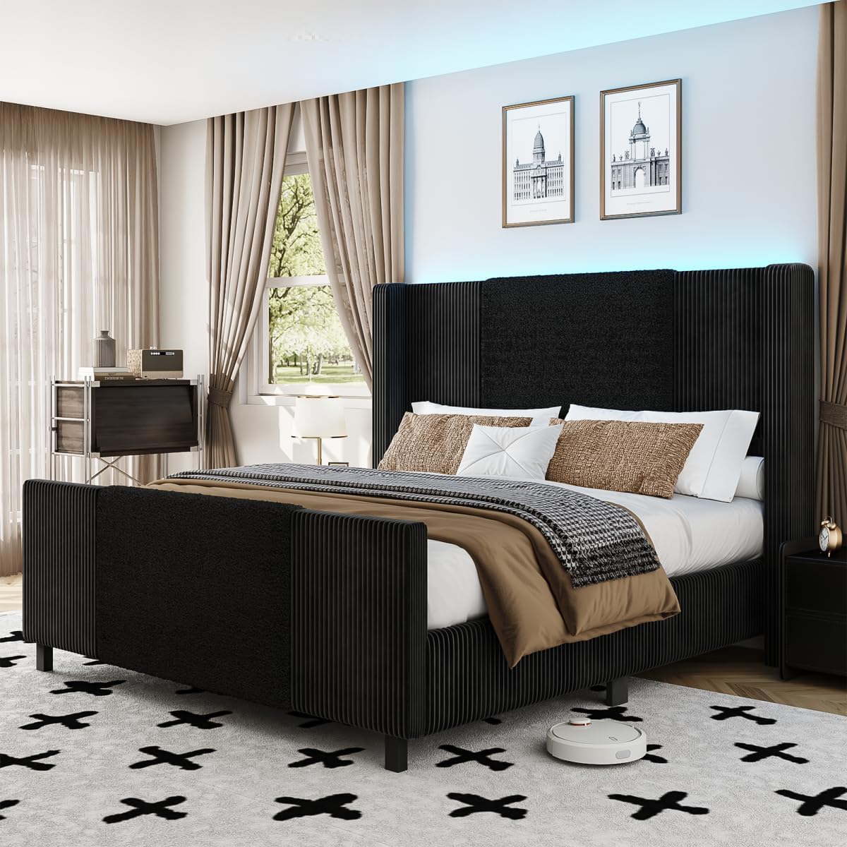 Queen Upholstered Bed Frame with Headboard and Footboard, Boucle and Velvet Bed Frame with LED Lights, Modern Platform Bed Frame, Noiseless, Easy Assembly, Black