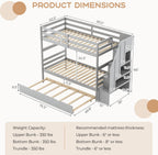KOTEK Twin Over Twin Bunk Bed with Trundle and Stairs, Solid Wood Bunk Bed Frame with Storage Shelf, Bunk Beds Detachable into 2 Platform Beds for Kids Teens Adults (Grey)