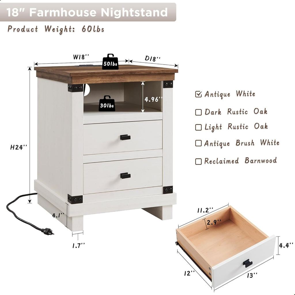 Farmhouse Nightstand Set of 2 with Charging Station, 18" Rustic Night Stand with 2 Storage Drawers, Wood End Table for Bedroom, Living Room, Antique White