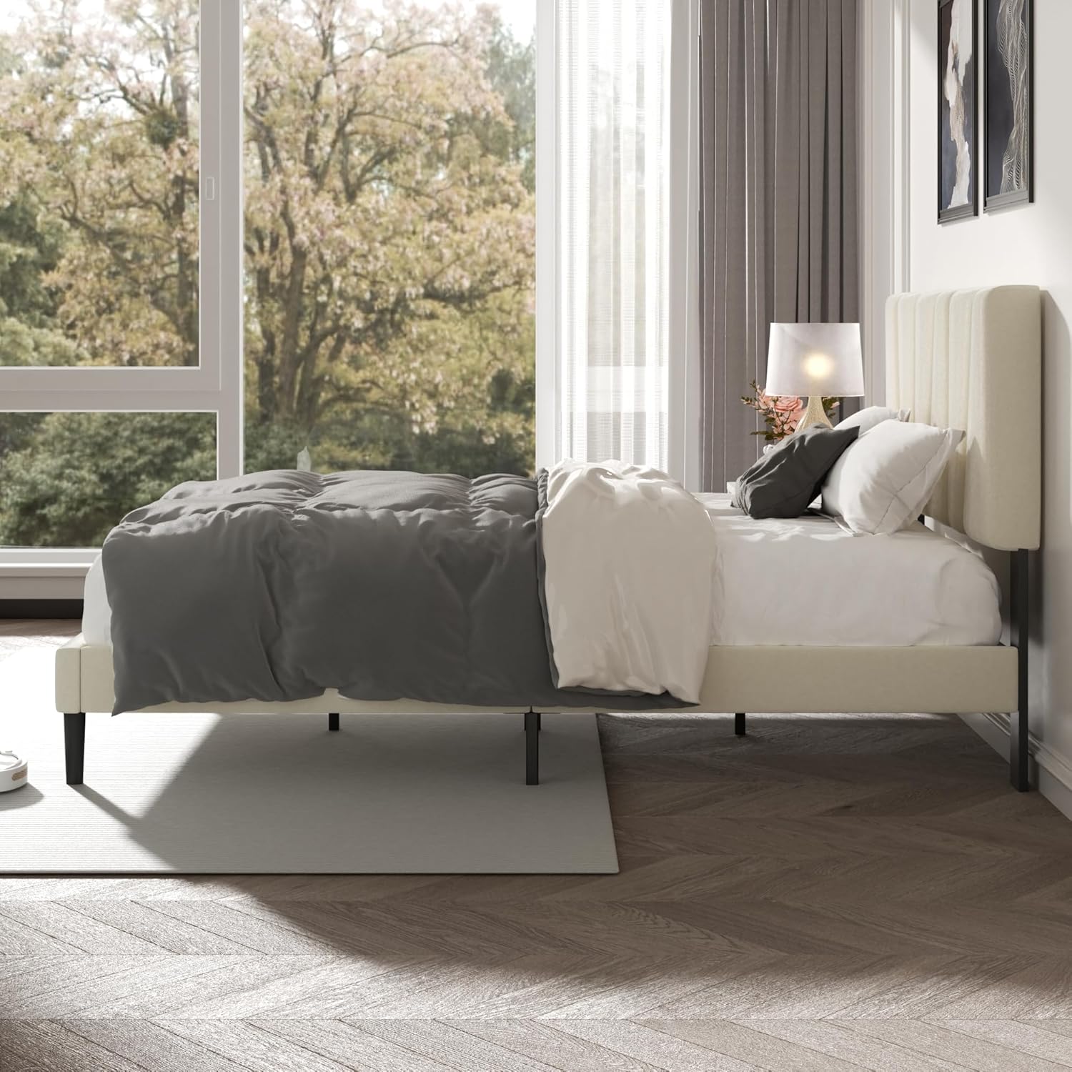 King Size Bed Frame with Fabric Upholstered Headboard, Platform Bed with Wooden Slats Support, Fully Mattress Foundation, Box Spring Optional, Easy Assembly