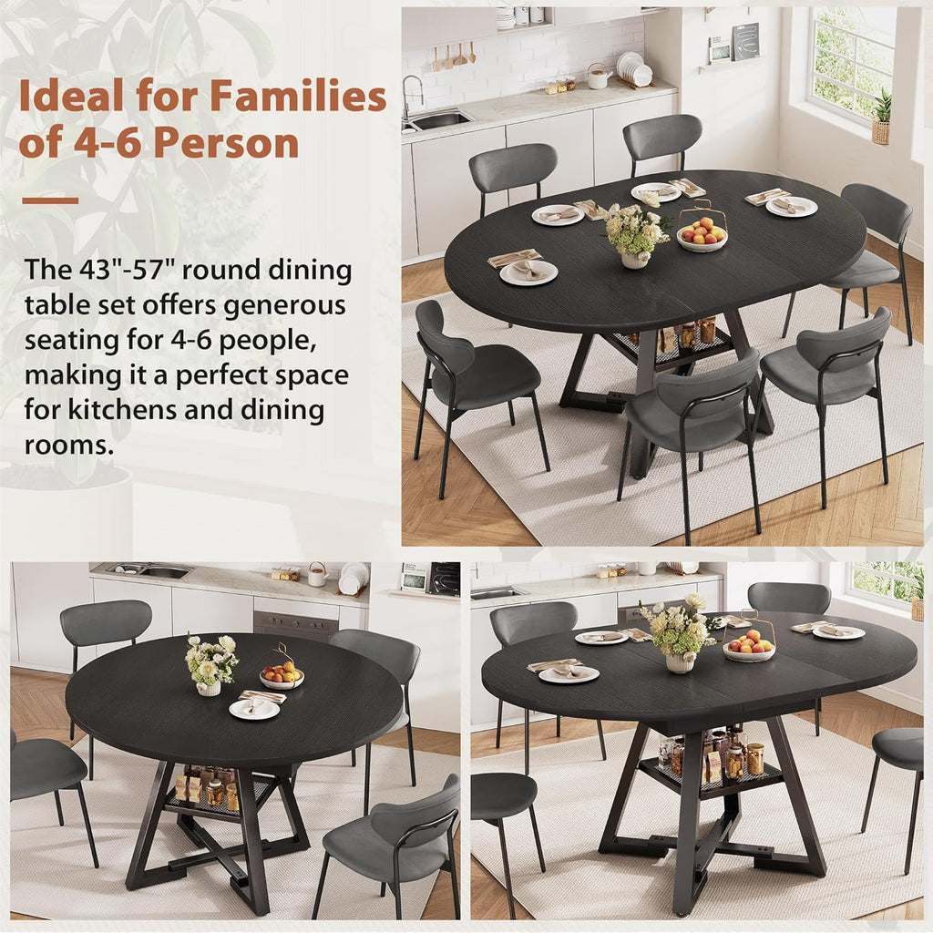 43‘’-57‘’ Extendable Round Dining Table for 4-6, Modern Industrial Kitchen Oval Dining Table with Removable Leaves, Space Saving Pedestal Base with Storage Shelf for Kitchen Living Room (Black)