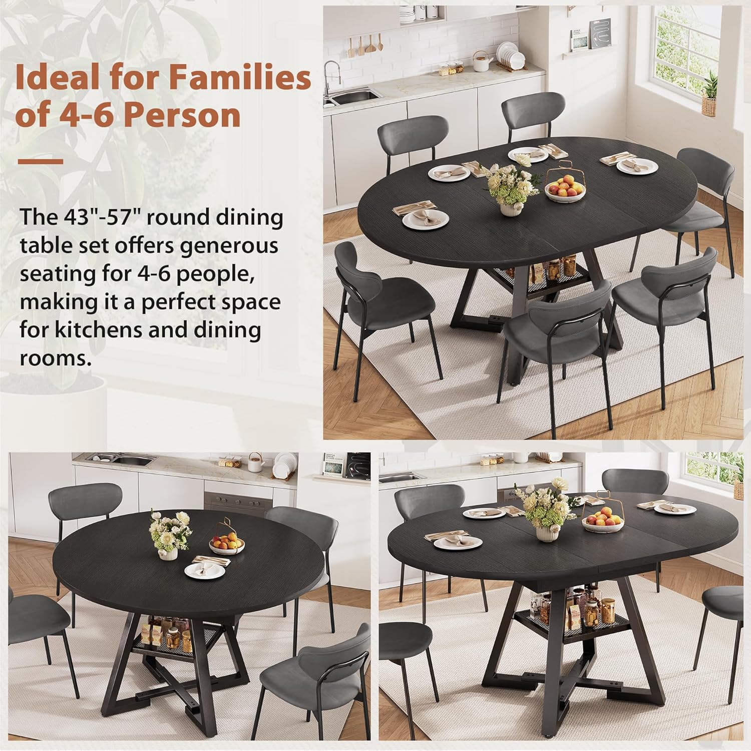 43‘’-57‘’ Extendable Round Dining Table for 4-6, Modern Industrial Kitchen Oval Dining Table with Removable Leaves, Space Saving Pedestal Base with Storage Shelf for Kitchen Living Room (Black)