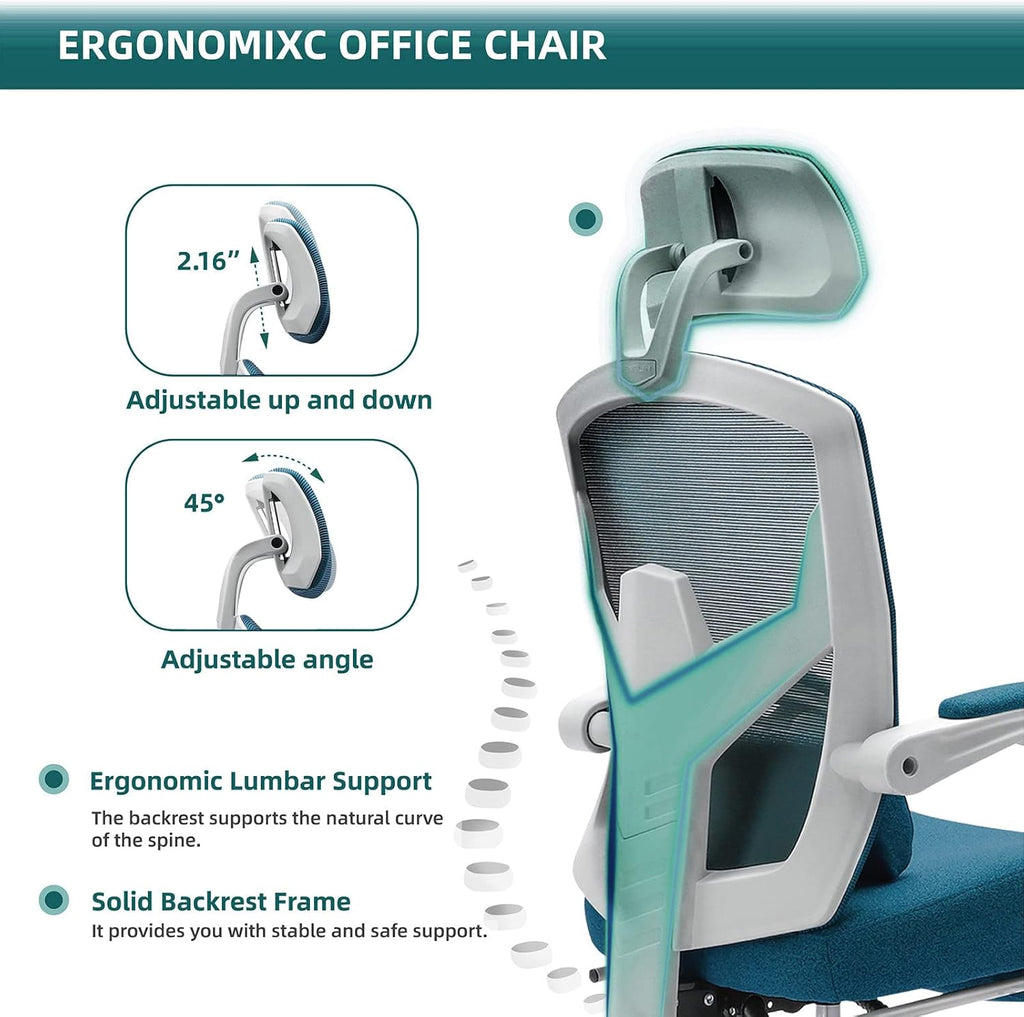 DUMOS Office Desk Computer Chair with Footrest, Ergonomic Mesh Swivel Gaming Chair with Rolling Wheels, Comfortable Headrest, Lumbar Support, Comfy for Home, Office, Task, Student, Elegant Blue