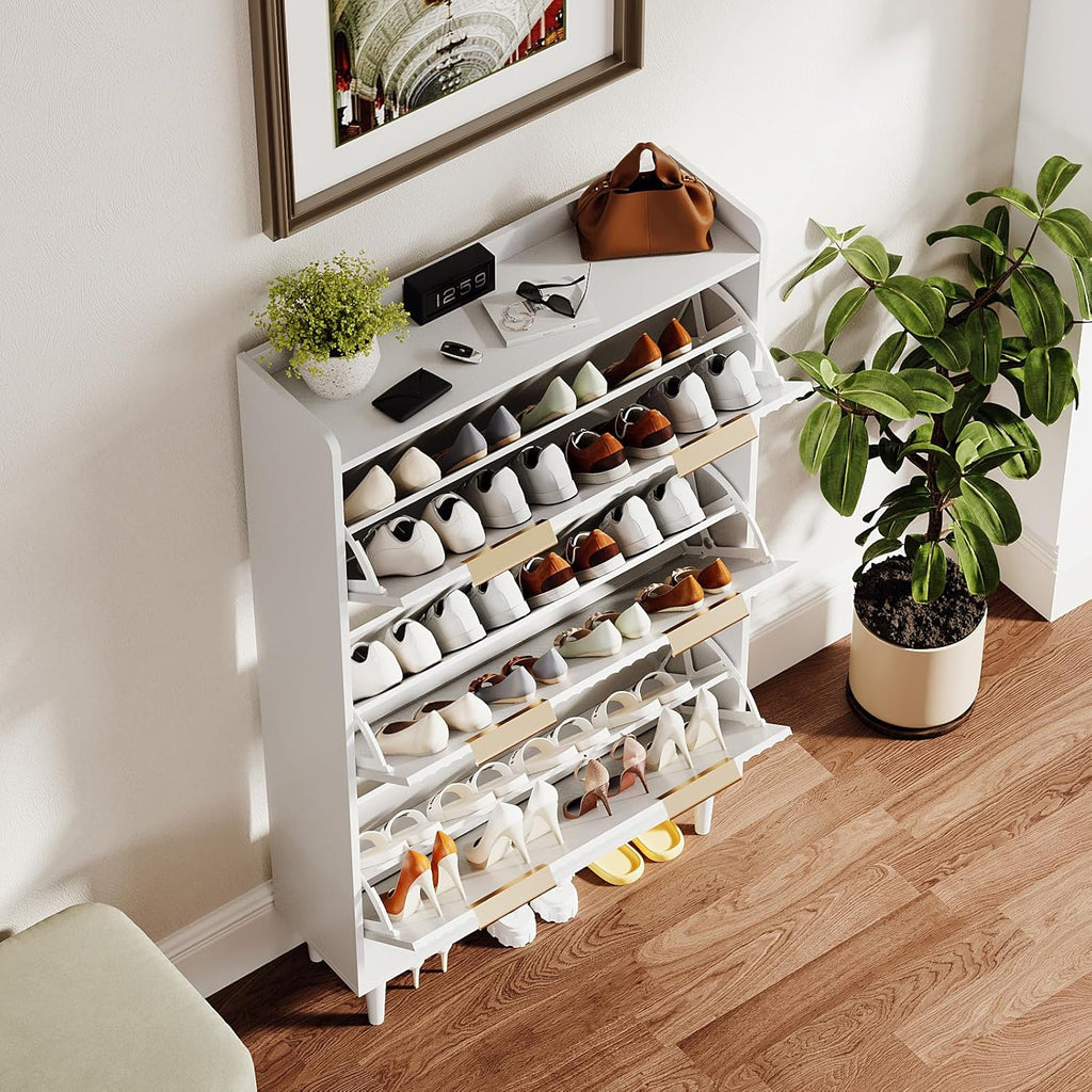 VINGLI White Fluted Shoe Storage Cabinet for Entryway with 3 Flip Drawers, Narrow Shoe Organizer with Fluted Panel, Modern Freestanding Wood Shoe Cabinet for Foyer, Hallway (White, 3 Flip Drawers)