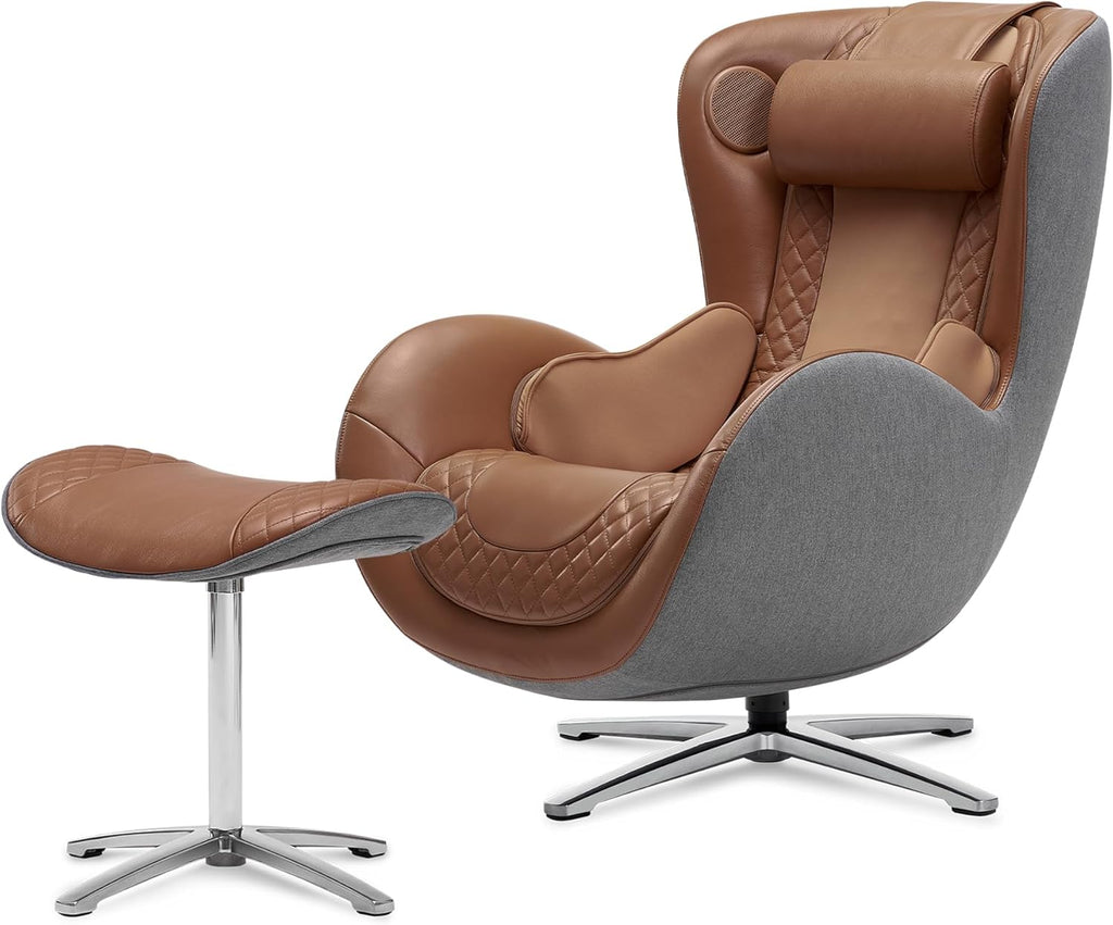 Nouhaus Classic Massage Chair with Ottoman – Caramel Leather Recliner with Percussive Shiatsu Massager, Built-in Speaker & Full Body Spot Massage – Ultimate Comfort for Home & Office