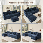 108" U Shaped Couch, Modular Sectional Sofa, 3-Seater Comfy Cloud Couch, Set of Modular Pieces with Movable Ottoman, Deep Seat Couches for Living Room, Chenille, Navy