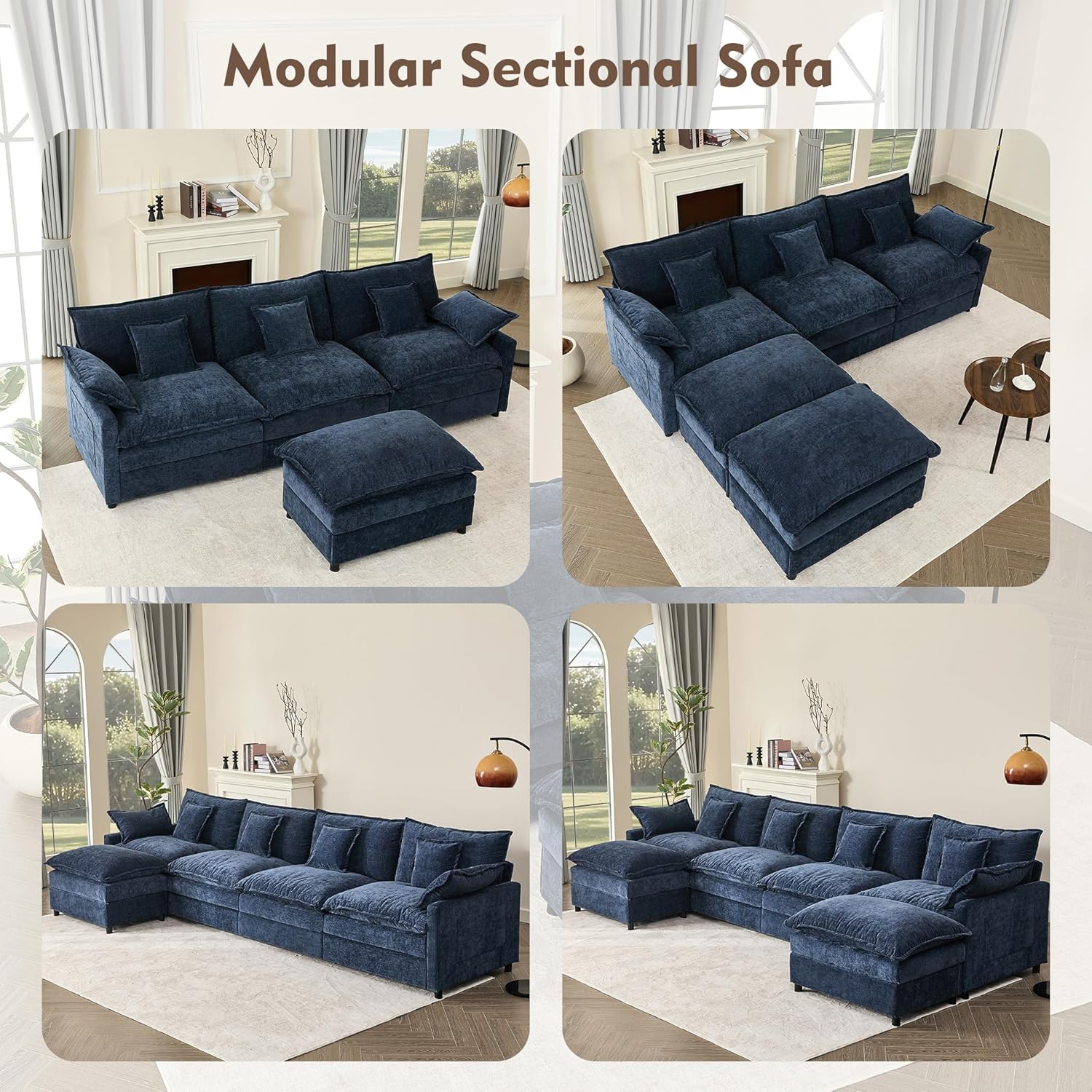 108" U Shaped Couch, Modular Sectional Sofa, 3-Seater Comfy Cloud Couch, Set of Modular Pieces with Movable Ottoman, Deep Seat Couches for Living Room, Chenille, Navy