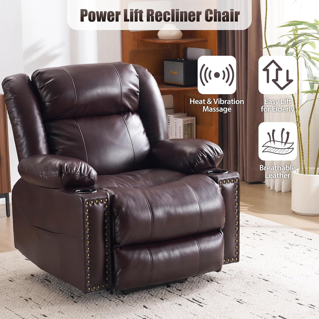 Power Lift Recliner Chair for Elderly, Oversized Leather Lift Chair with Heat and Massage, Dual Motor Zero Gravity Power Recliner Chair with Adjustable Headrest, Cup Holder & USB Port