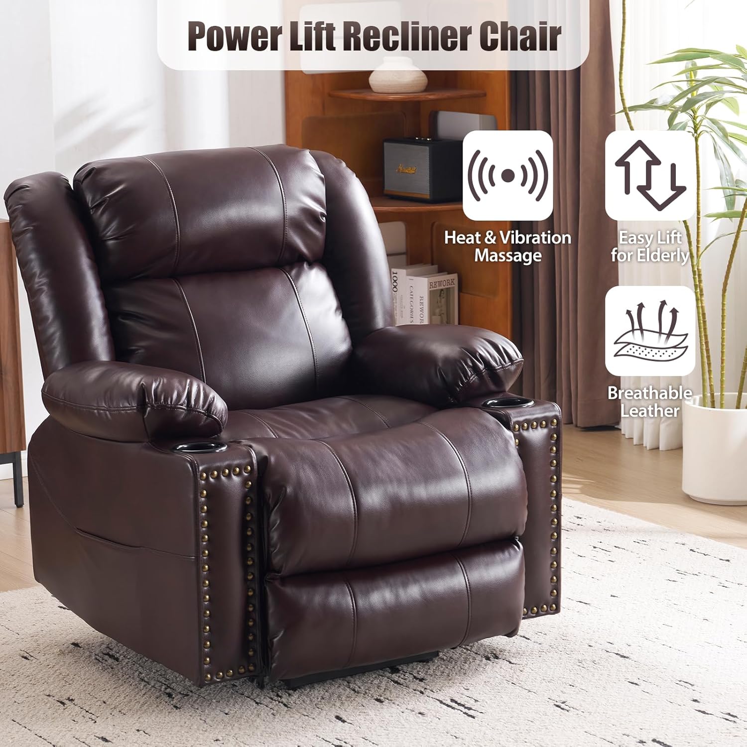 Power Lift Recliner Chair for Elderly, Oversized Leather Lift Chair with Heat and Massage, Dual Motor Zero Gravity Power Recliner Chair with Adjustable Headrest, Cup Holder & USB Port