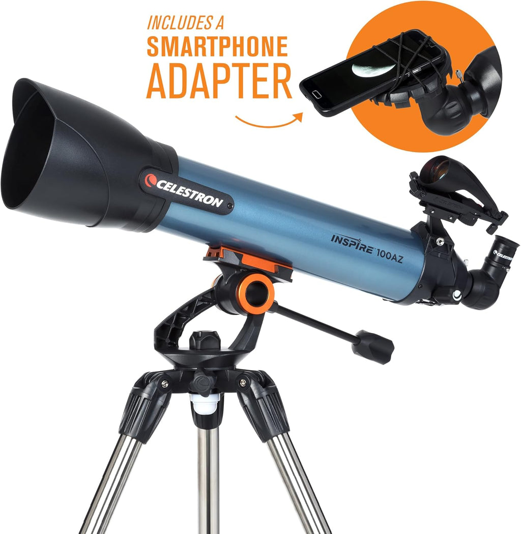 Celestron Inspire 100AZ Refractor Telescope with Built-in Smartphone Adapter  Blue