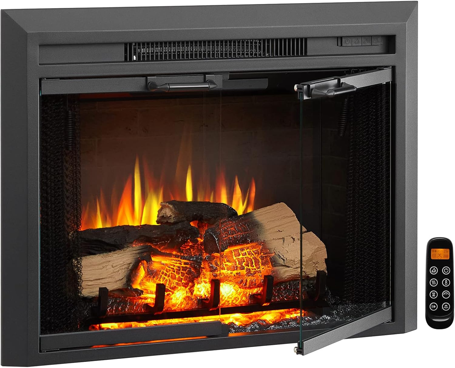 LegendFlame® Damon 28" W Electric Fireplace Insert with Glass Door and Mesh Screen (EF262B), Fireplace Heater 750/1500W, Fire Crackling Sound, Remote Control.
