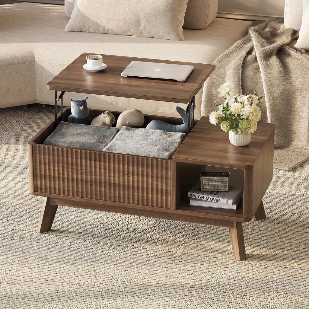 Wood Lift Top Coffee Table with Hidden Compartment and Large Storage Shelf, Lift Tabletop Dining Center Table for Home Living Room Office,Walnut