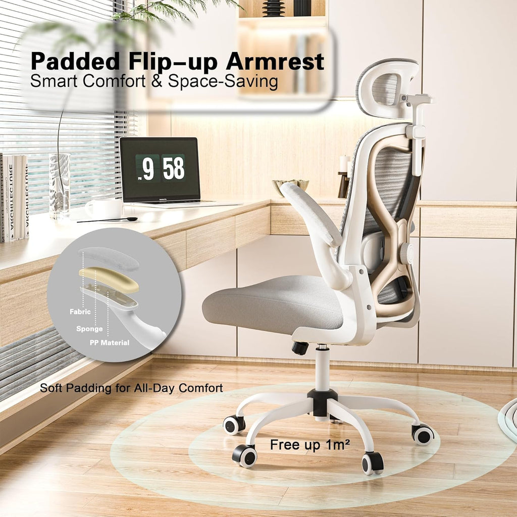 Home Office Desk Chairs, Ergonomic Office Chair with Lumbar Support & 3D Headrest, Computer Desk Chair with Flip-up Armrests, Perfect for Office or Study, Gray/Gold