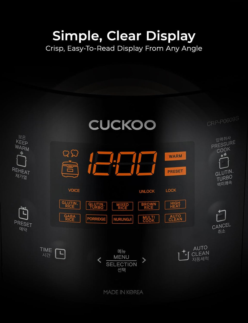 CUCKOO High Pressure Rice Cooker 6-Cup Uncooked / 12-Cup Cooked with Nonstick Inner Pot, Versatile Rice Maker with 12 Menu Options and Steam Plate, Fuzzy Logic Tech, Voice Guide, Black (CRP-P0609S)